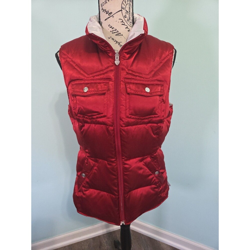 Ariat Puffer Quilted Duck Down Reversible red silver Vest logo Western Cowgirl m